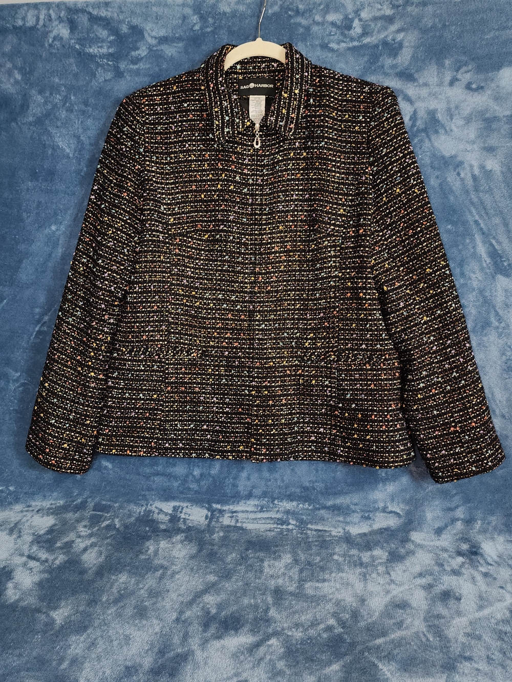 Sag Harbor Black Tweed Zip-Front Jacket with Multicolor Accents